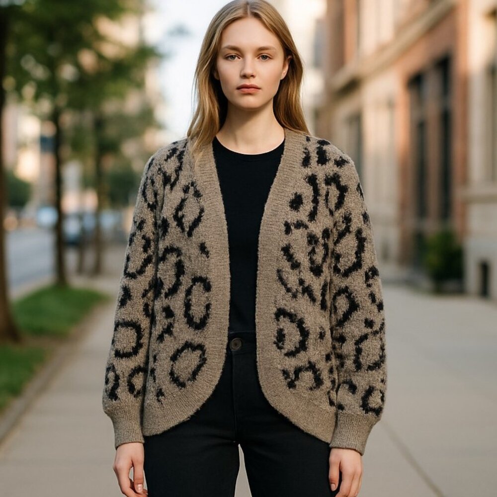 NWT Rachel Zoe Fuzzy Teddy Animal Print Cardigan